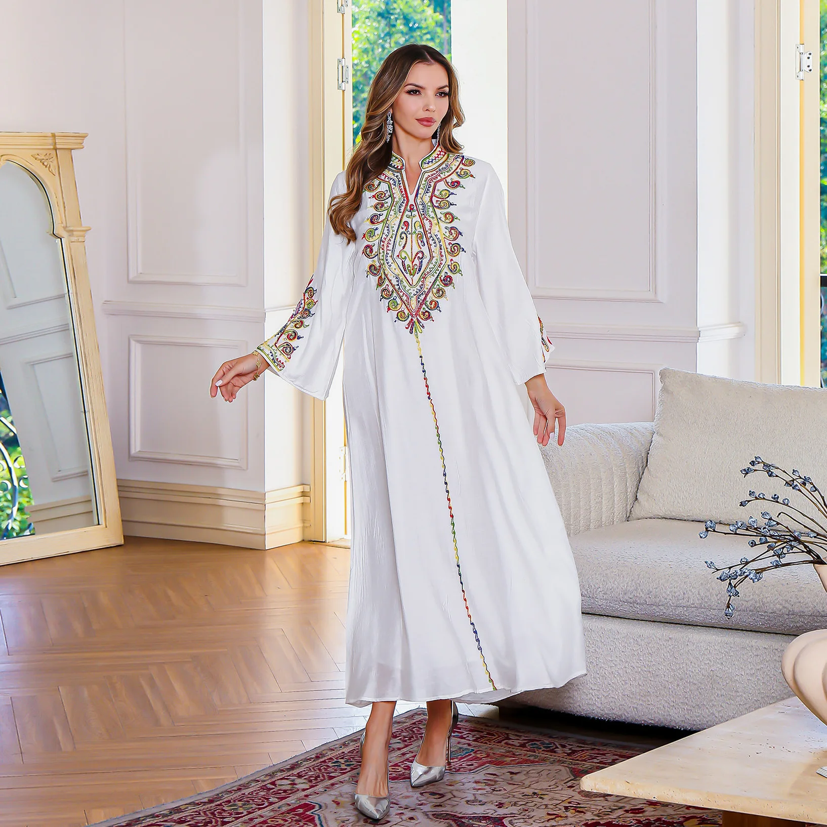 Vestido longo elegante feminino bordado detalhe solto ajuste médio oriente muçulmano robe feminino atacado