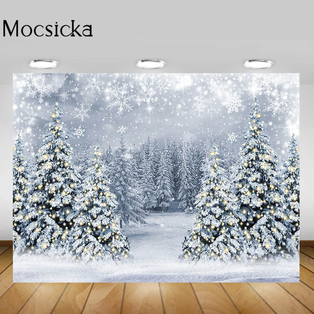 

Mocsicka Winter Forest Photography Backdrop Snowy Jungle Pine Tree Kids Birthday Portrait Photo Background for Photostudio Props