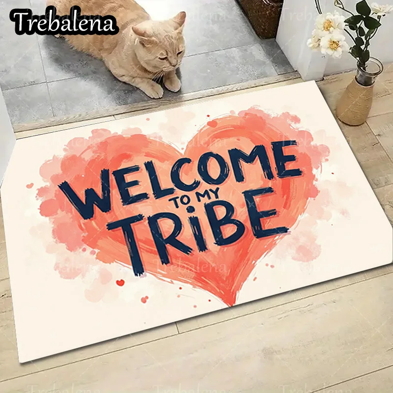 Alfombra de puerta de bienvenida, felpudo con estampado de corazón de bienvenida a mi tribu, alfombra de entrada suave y absorbente, 1 ud.