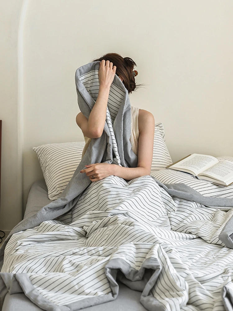 

Japanese Sle Pure Cotton Waed Summer Quilt White Stripes Double Size Cool Feeling Air Conditioner Quilt Breathable Lightw...