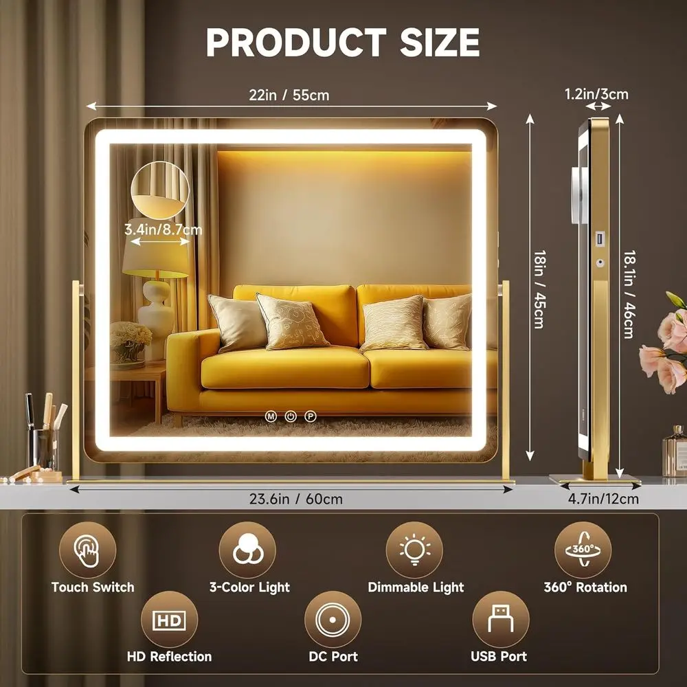 مرآة زينة LED مقاس 24 × 18 مع تكبير 5 مرات، وأضواء قابلة للتعتيم بثلاثة ألوان، وحامل هاتف ومنفذ شحن USB، 360 درجة ° قابل للدوران (ذهبي #2