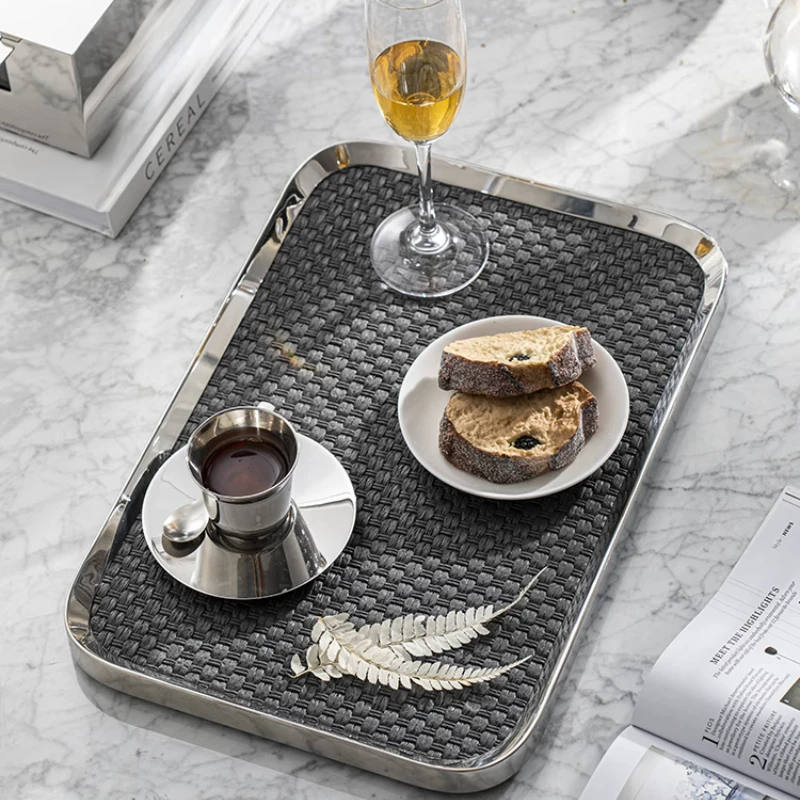 

Кожаные подносы для хранения из нержавеющей стали, минималистичный сервировочный поднос для журнального столика, бара, посуда для напитков, сервер, современный органайзер, блюдо