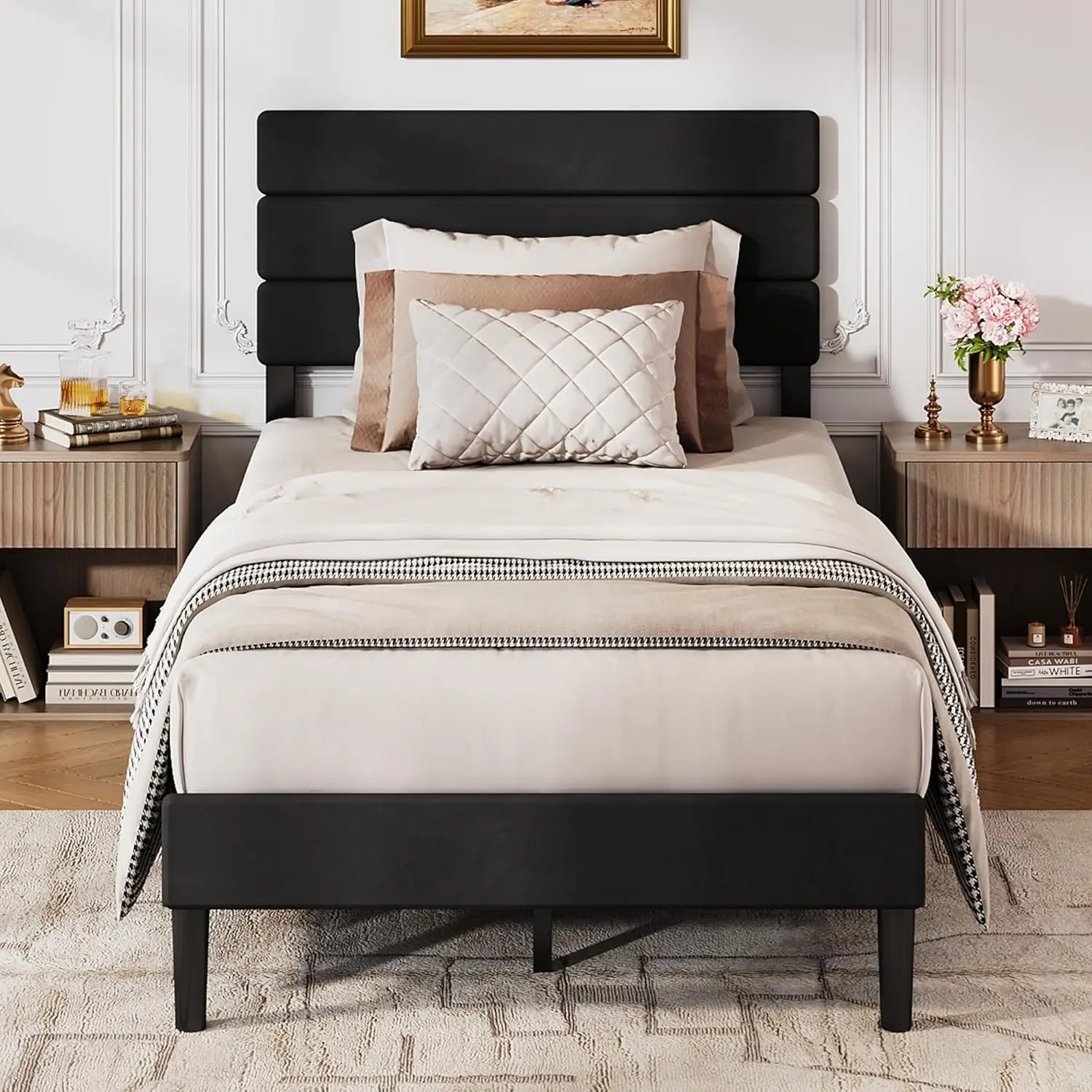 

Twin Size Upholstered Bed Frame, Velvet Square Tufted Headboard,Sturdy Metal & Wooden Slats Support, No Box Spring Needed,
