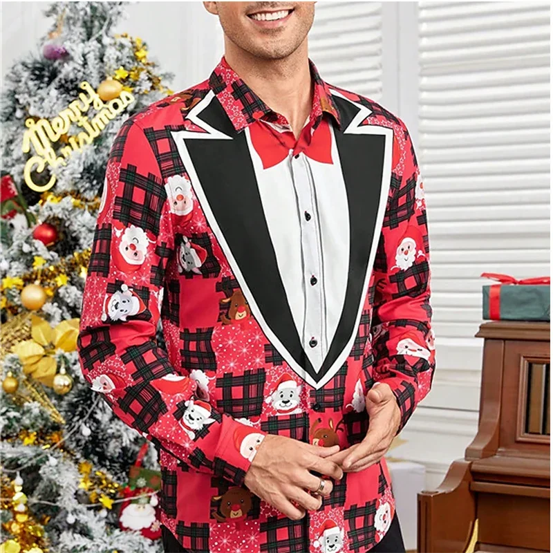 

2024 Christmas Snowman High Quality Fashion Men's Shirt Button Designer Print Long Sleeve Tops Men's Lapel Men's Tops Plus Size