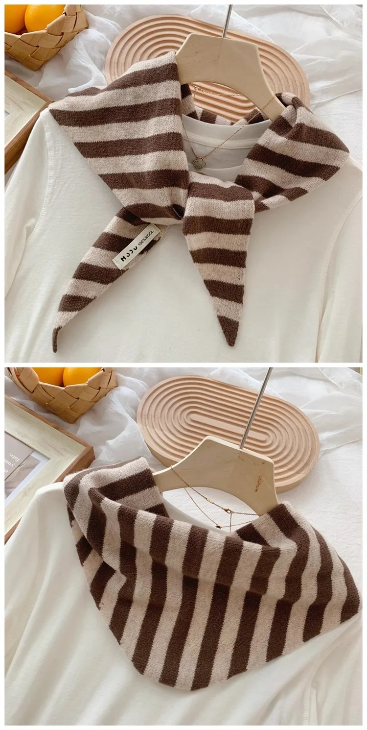 Koreanischer Streifen-Dreiecksschal aus 100 % Wolle, dreieckiger Schal für Männer und Frauen, britisches Nischen-Kopftuch, gestrickt, multifunktionaler warmer Schal – Detail 10
