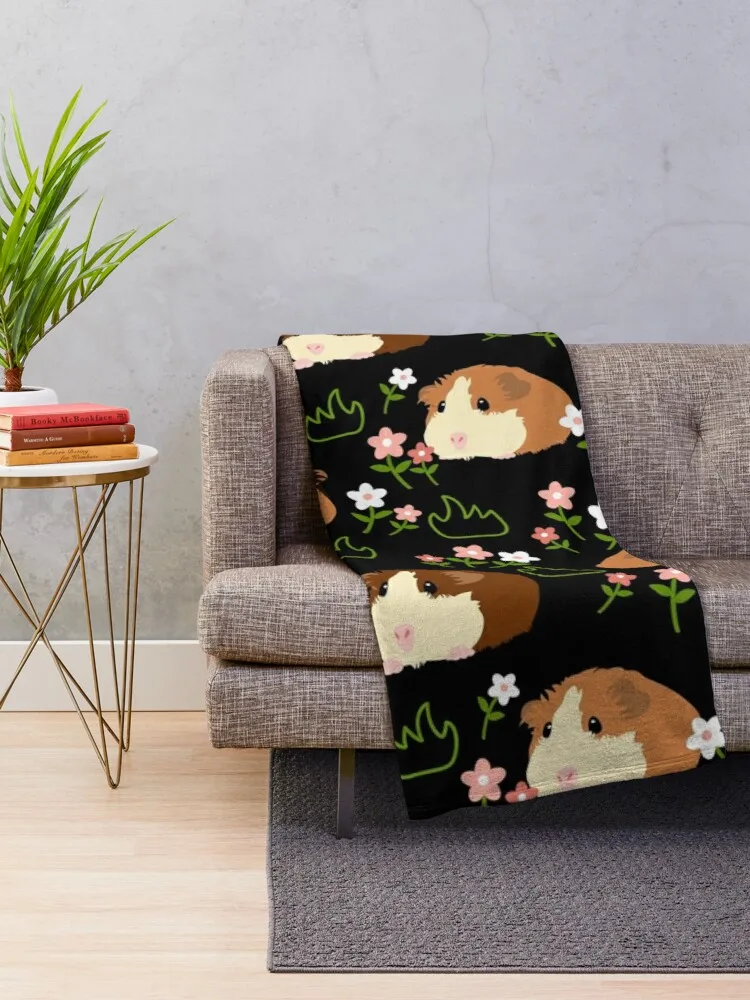 Guinea Pig and Flowers - Black Throw Blanket hairy blanket tweed blanket throw blanket fuzzy blanket