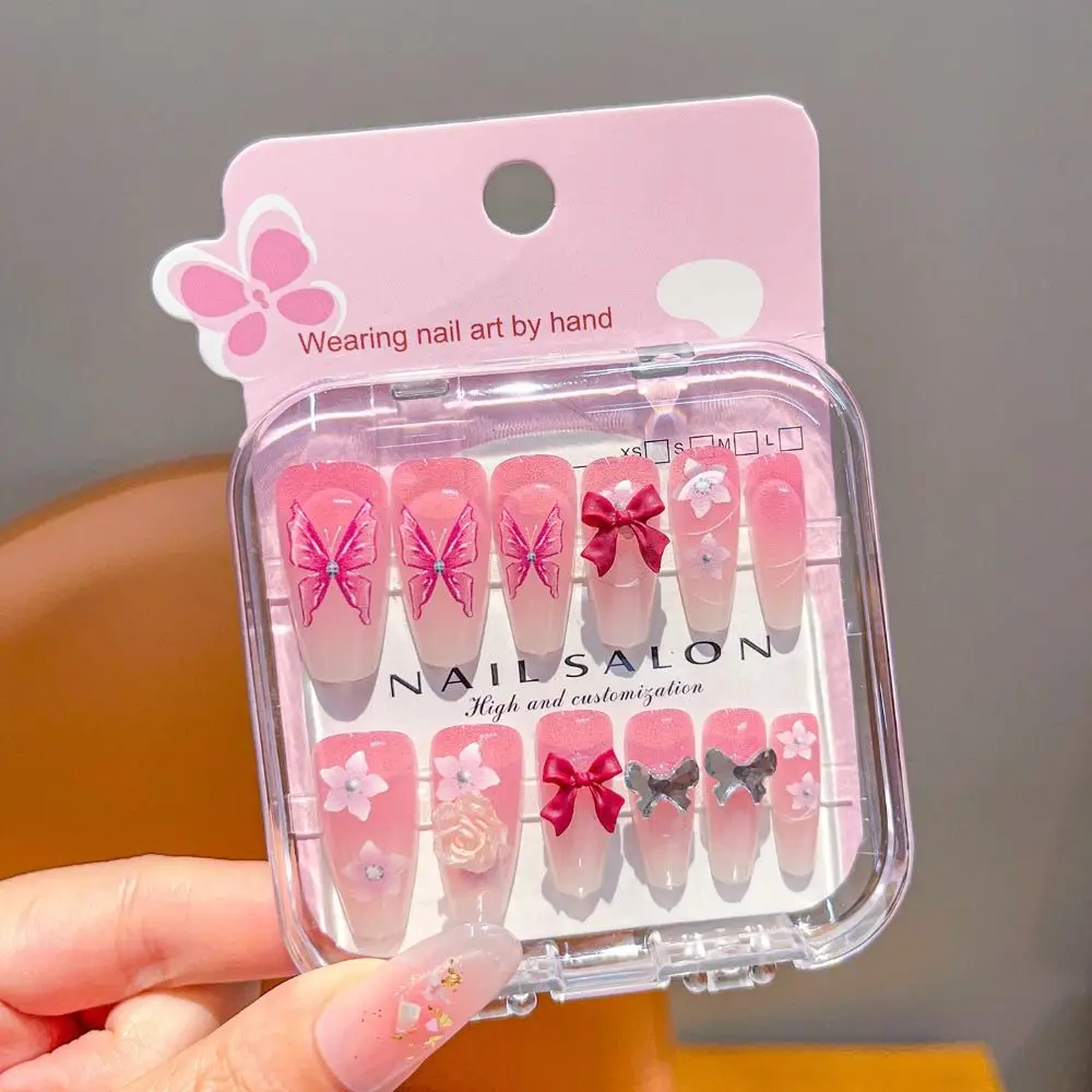 New Fashion Cartoon Children Wearing Nails Cherry Love Heart Detachable Press on Nail Cute Long Nail Sticker for Girls Students view 4