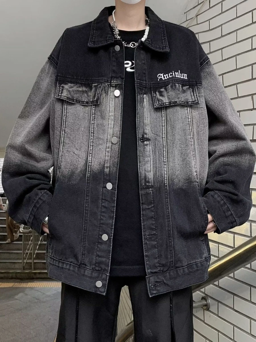 

Retro High Street Bla ey Waed out Jeans Jaet ex Autumn Casual Loose Couple Outerwear Stand Fit Youth Trend