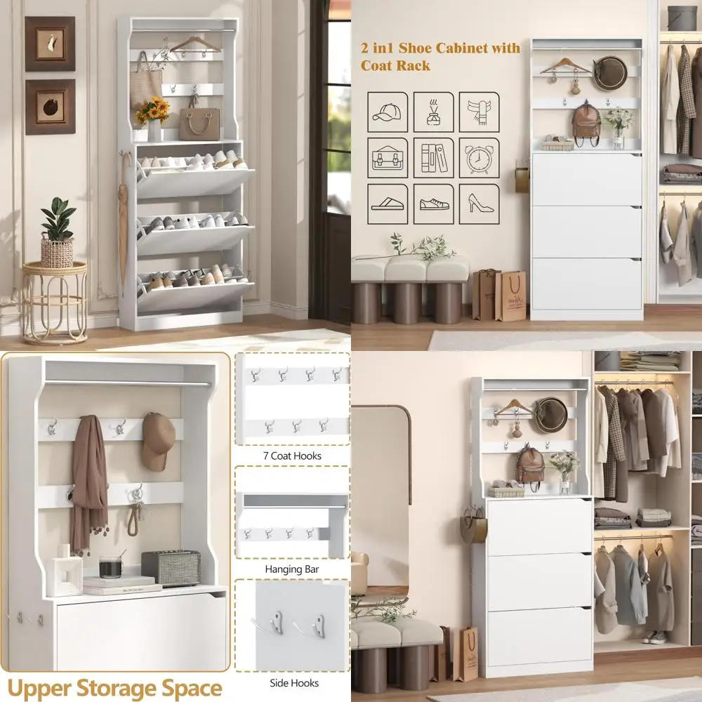 Отдельно стоящий высокий шкаф для обуви с вешалкой для одежды, скрытым хранилищем, дверцами и ящиками, подвесной барной стойкой, крючками, тонким узким дизайном для места