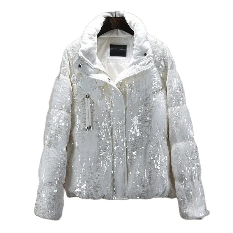 Upscale Sequins Down Cotton Clothes 2022 New Winter Loose Thicken Short Fashion Cotton Coat Miss Keep Warm Padded Jacket