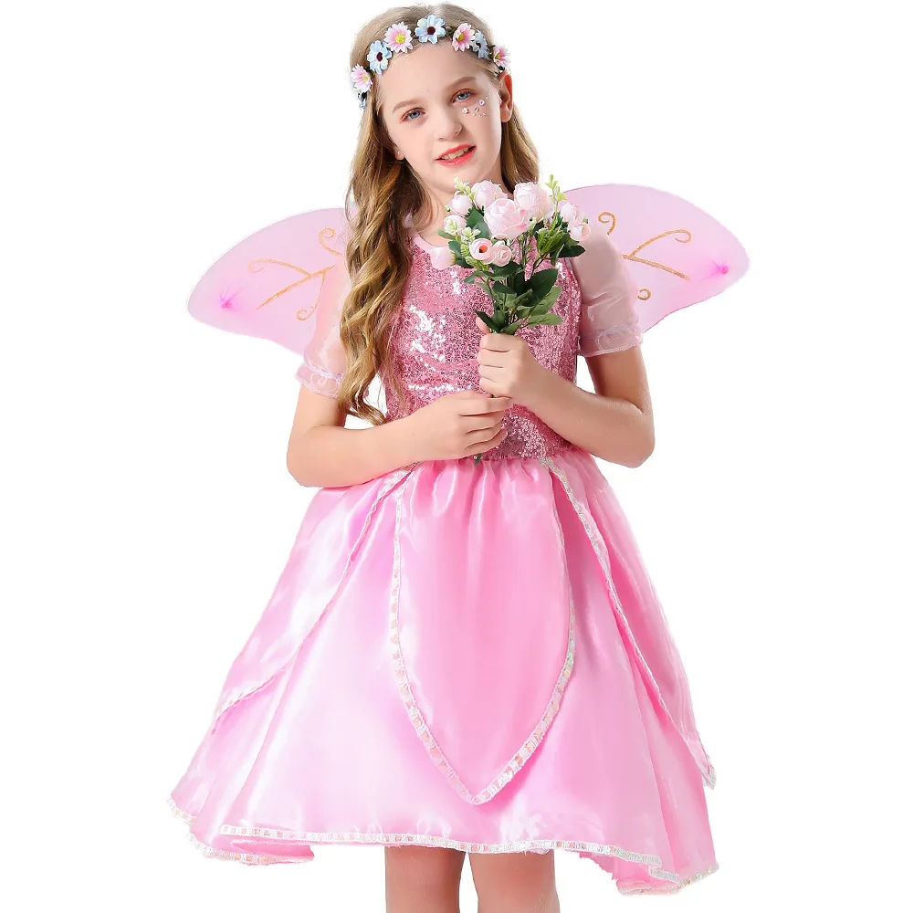 

Umorden Child Kids Fairy Tales Pink Flower Fairy Princess Dress Costume for Girls Size 4-12T with Wings Sequin