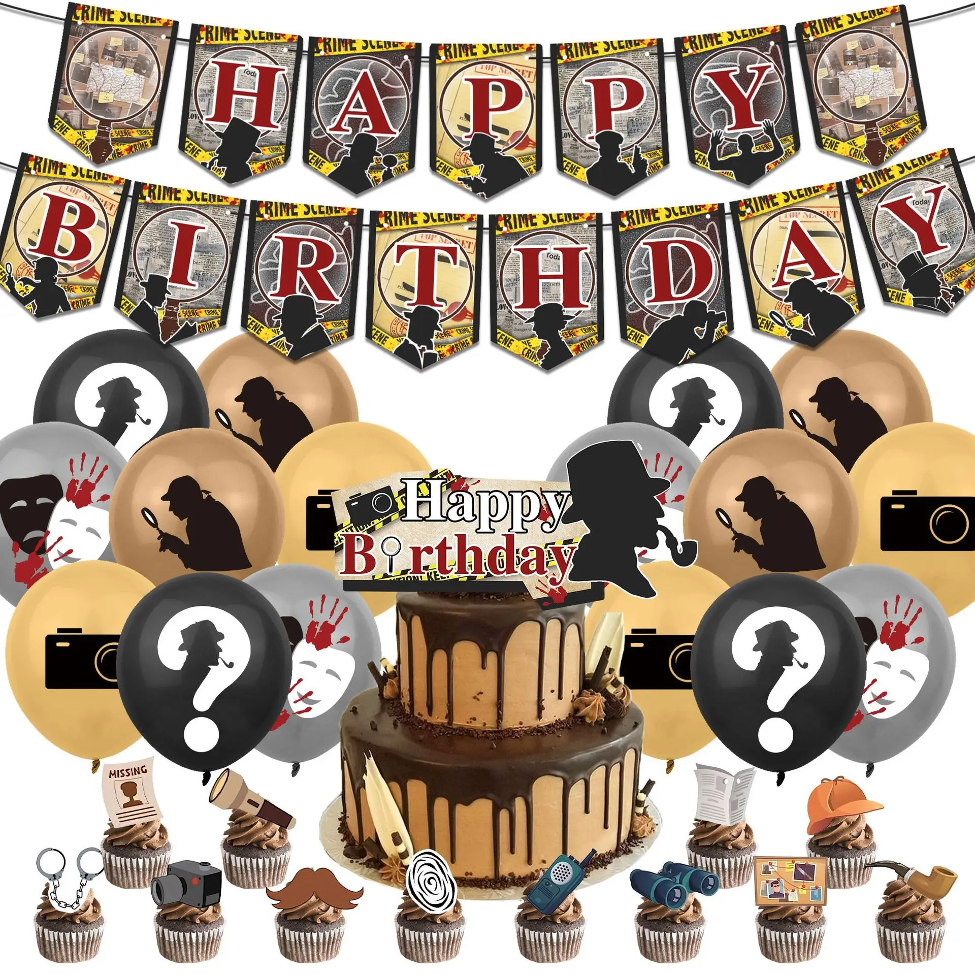 Detective Birthday Decorations Detective Party Supplies Detective Happy Birthday Banner Cupcake Toppers Cake Topper Balloons