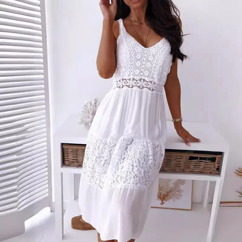 Damen Weißes Spitzen-Midikleid V-Ausschnitt Spaghetti-Träger Ausgeschnittenes Stufenkleid Braut Hochzeitsgast Formelles Abendkleid Sommerurlaub