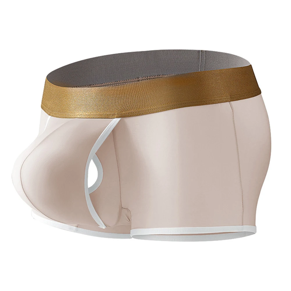 Cueca boxer masculina de seda gelada, cintura média, com tecido respirável, bolsa aberta e bolsa de protuberância, roupa íntima de separação
