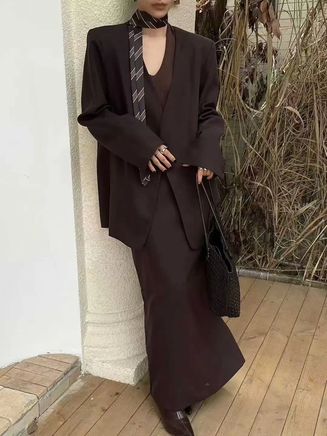 BJTZ Solid Color V-neck Blazer Jacket And Skirt Two Piece Set For Woman 2025 Spring Autumn New Trendy Lace-up Tie-waist Coat Set