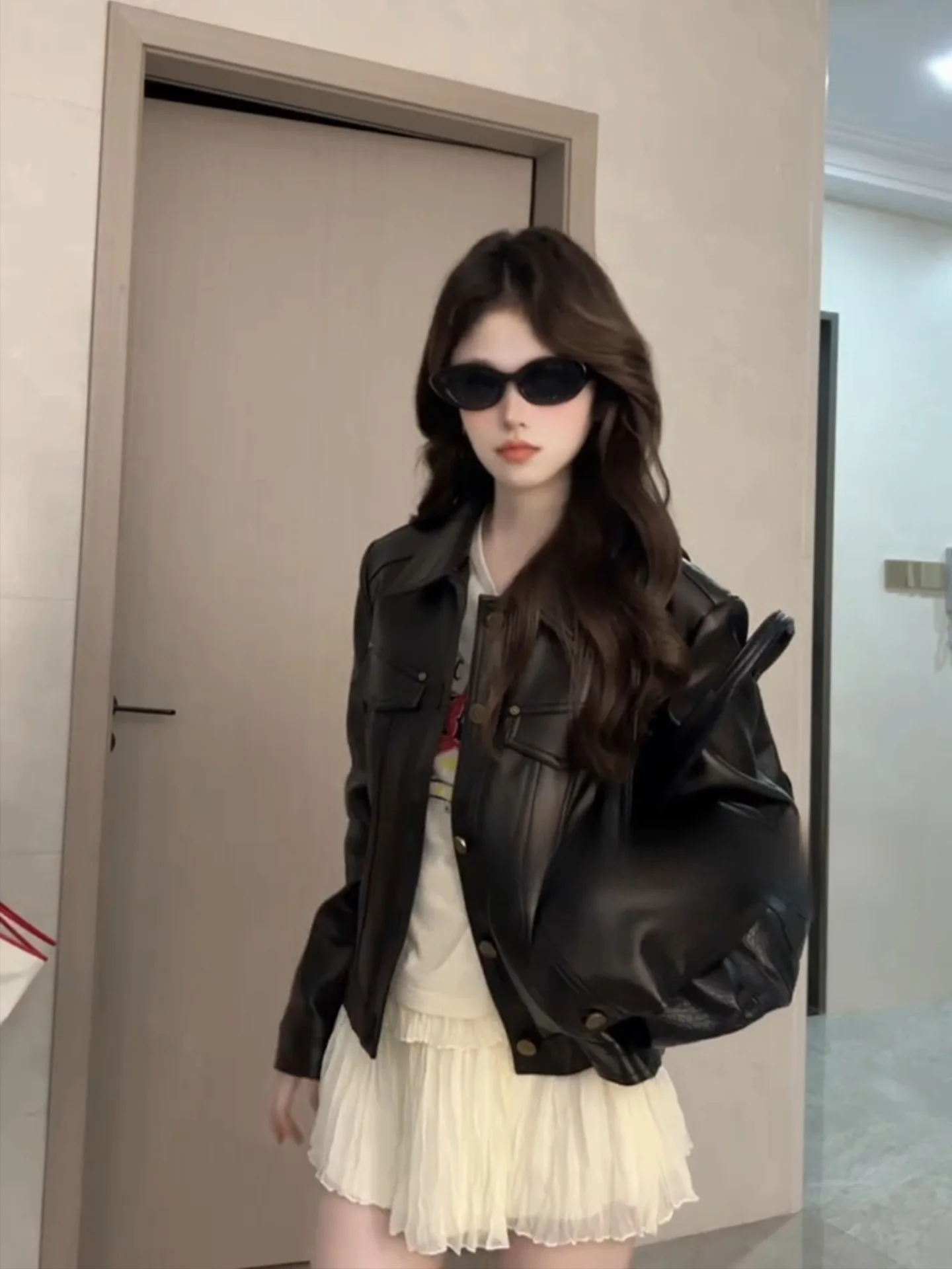 

Повседневная кожаная куртка-жакет для женщин с модным воротником, осенне-зимнее пальто премиум-класса, стильный топ для отдыха