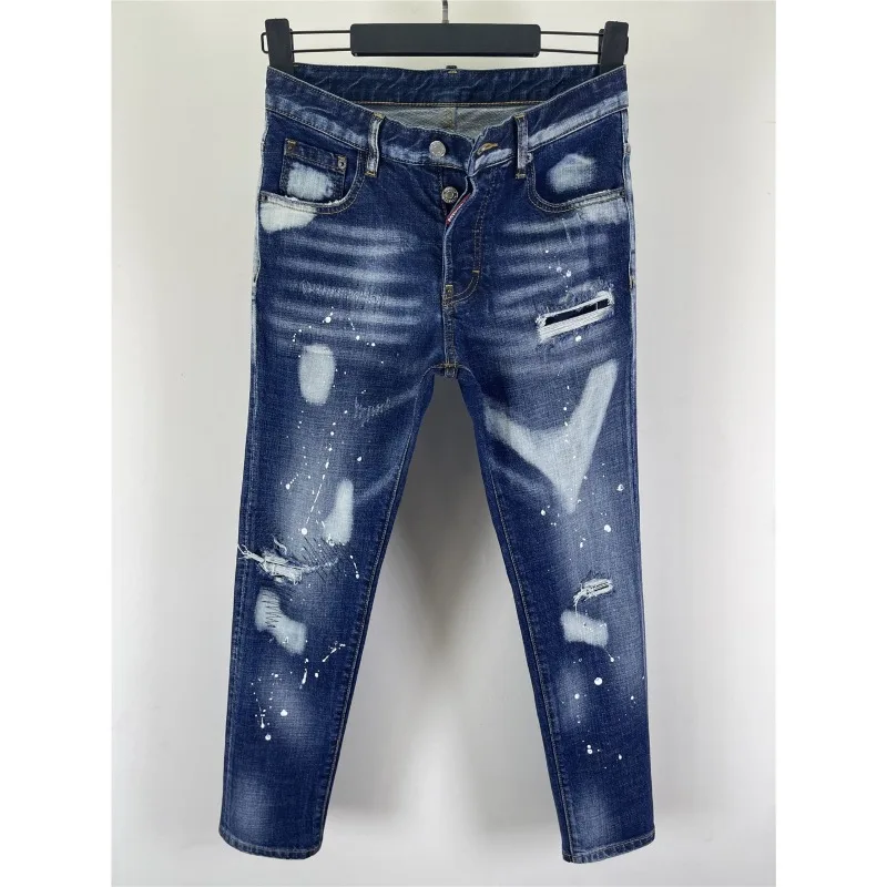 Men Classic Blue Denim Jeans Holes Jeans Pants Italian Style Stretch Denim Pants High Quality Male Slim Denim Trousers Size 42