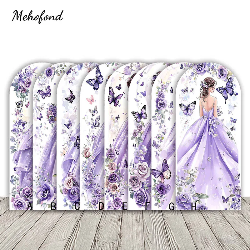 Mehofond Quinceanera Princess 15th Birthday Party Arch Backdrop Purple Butterfly Decor Rose Wedding Back Shadow Background Prop