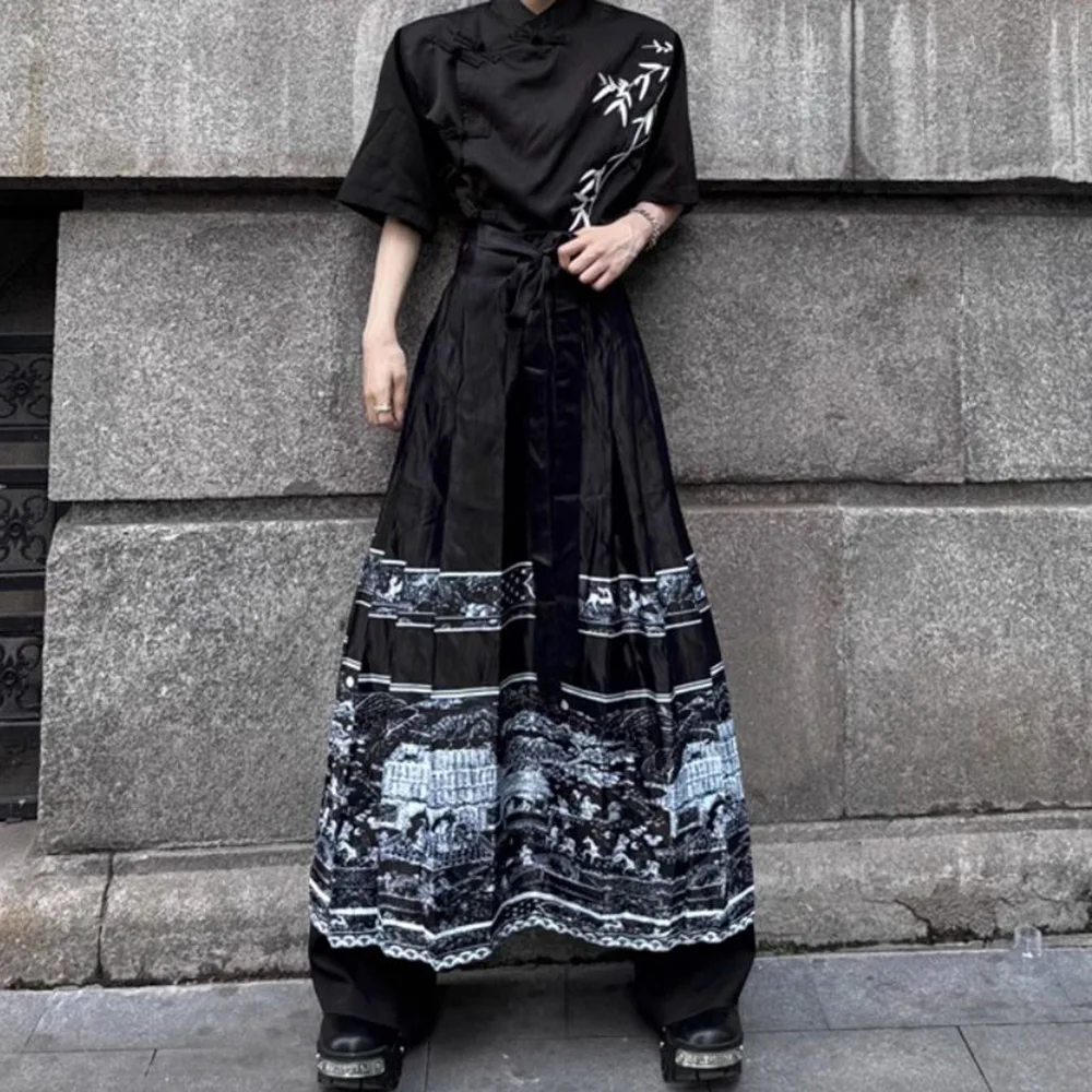 

Mens Horse-Faced Skirt Chinese Style Pleated Skirt Pants Fashion Versatile Stretch Belt Pants Skirt Men'S Clothing Summer New