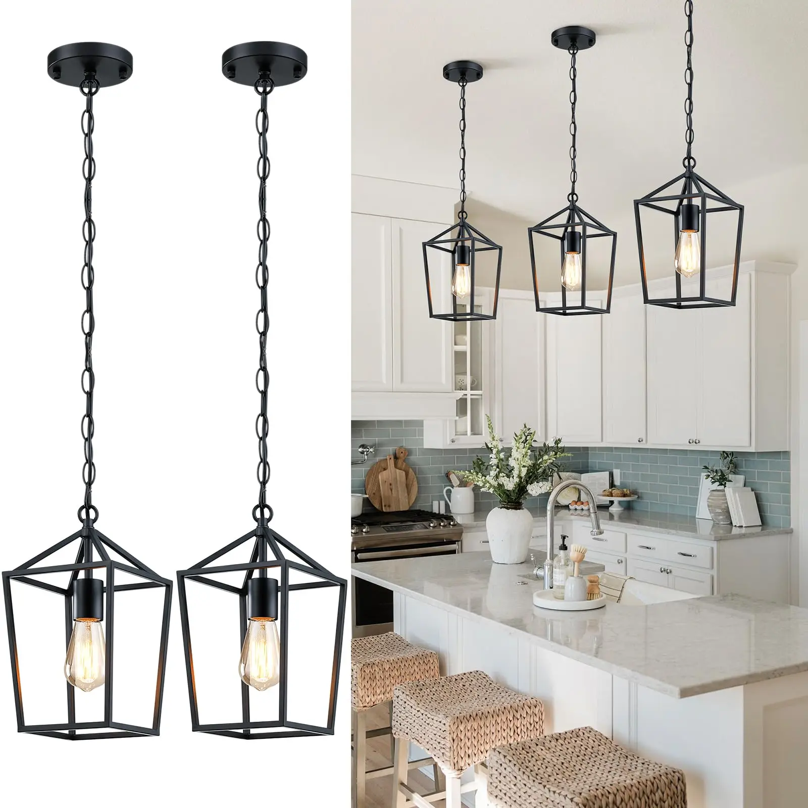 2-pak lamp wiszących Farmhouse Kitchen Island, czarne oprawy oświetleniowe wiszące lampa wisząca pochylona sufitowa Adaptabl (bez żarówki)