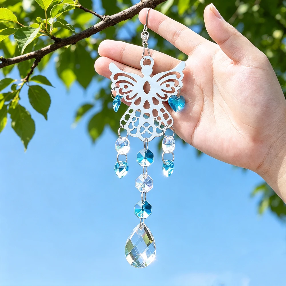 Angel Suncatcher Crystal Pendant Ornament Silver Tone Filigree Aqua Blue Clear Prism Car Rearview Mirror Window Garden Decor 5pc