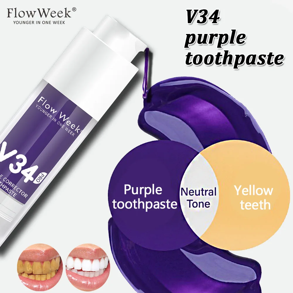 FlowWeek Smilekit V34 Purple Toothpaste Colour Corrector Teeth For Teeth Whitening Brightening Reduce Yellowing Cleaning Tooth