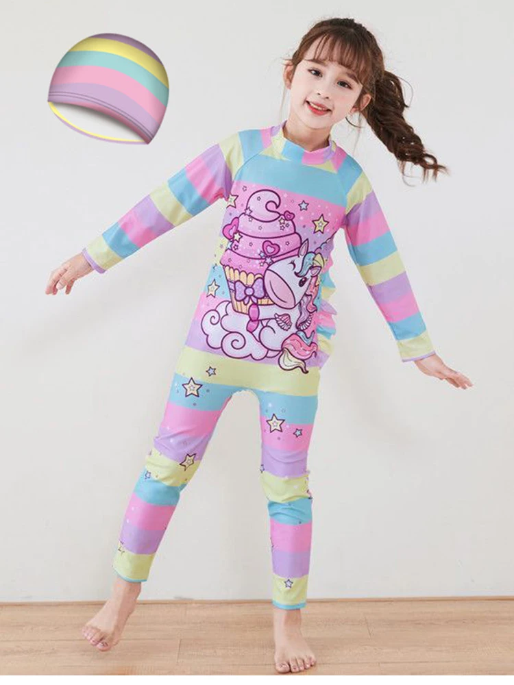 One-Piece Children Swimsuits Kid Swimwear Girls Long Sleeve Sun Protection with swimming caps 2Pcs Set 3 4 5 6 7 8 9 10 11 Years