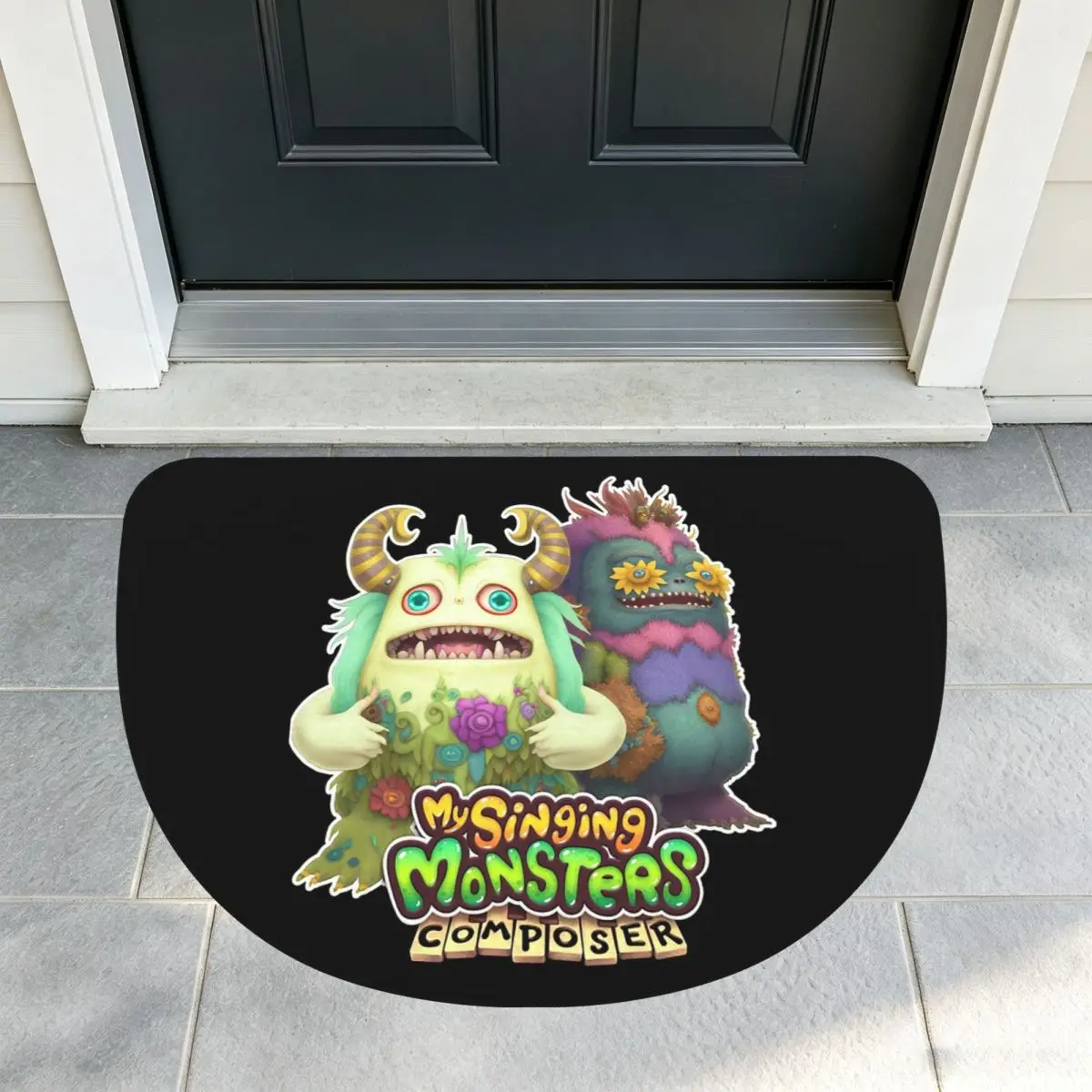 My Singing Monster Cartoon Soft Flannel Half Round Doormat Non Slip Bathroom Mat Absorbent Floor Carpet for Living Room