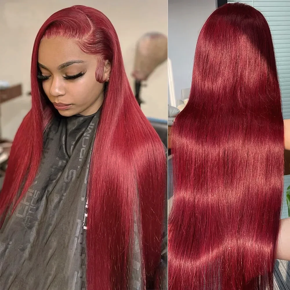 

Burgundy HD Lace Frontal Human Hair Wig 99J Straight 13x6 HD Lace Front Human Hair Wig For Women Pre Pucked 46 Inch 200 Density