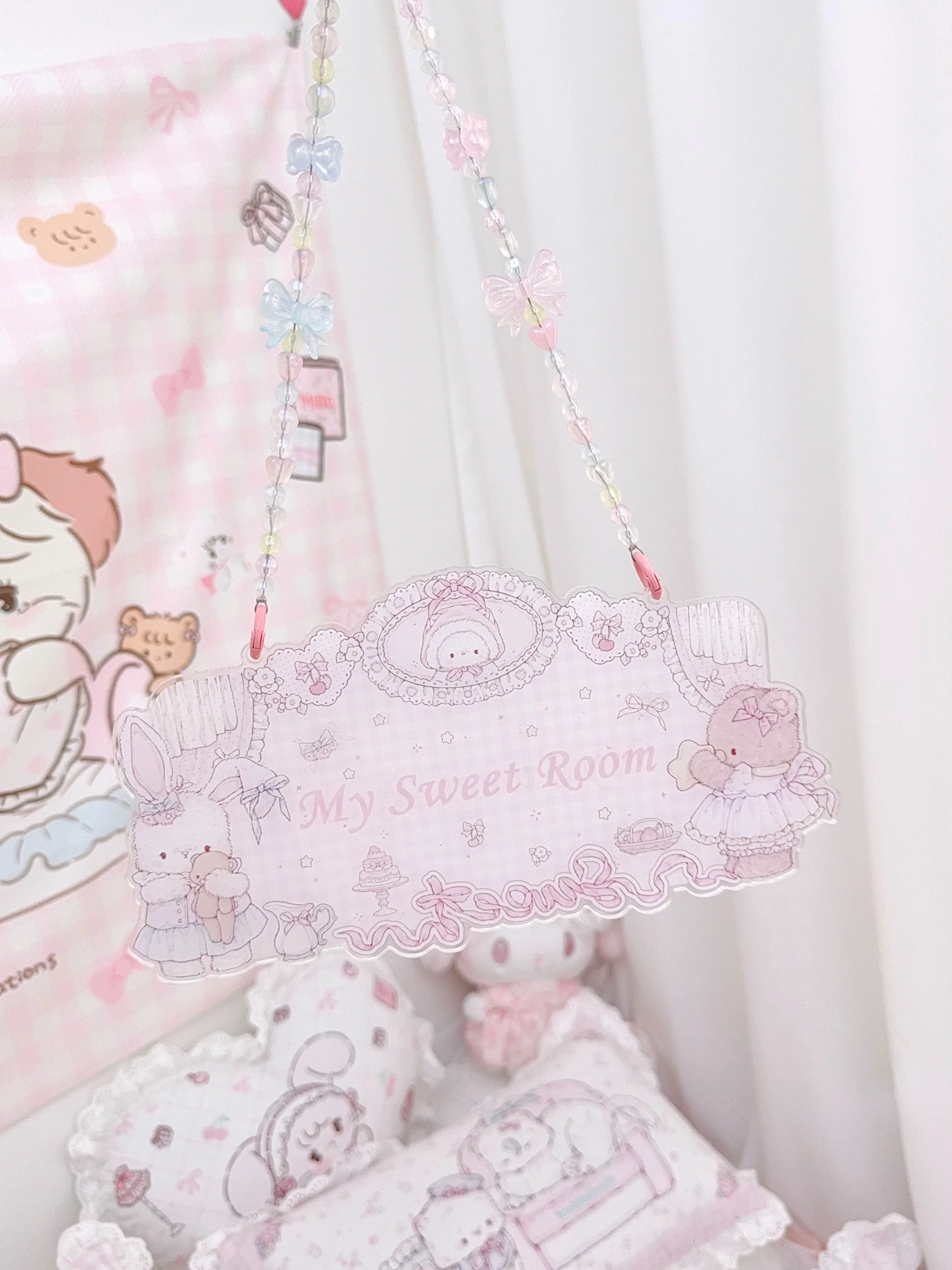 Anime Cute Acrylic Door Pendant Home Decoration Bedroom Door Cute Pendant Pink Cartoon Bear Mattress Printed Decorative Plaque
