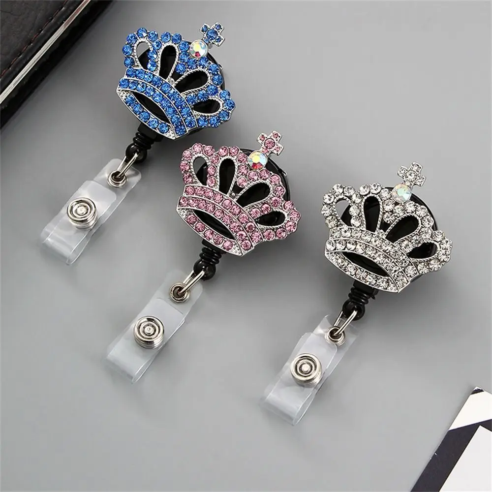 Keychain Rhinestone Crown Badge Reel Rotation Easy-pull ID Card Holder Diamond Bling Retractable Badge Holder Office Accessories