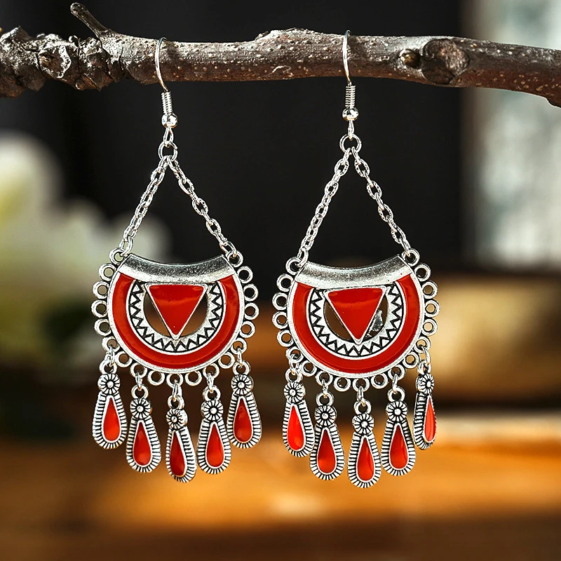 Vintage Ethnic Style Drop Oil Water Drop Earrings for Women Simple Geometric Silver Color Earring Vacation Daily Jewelry