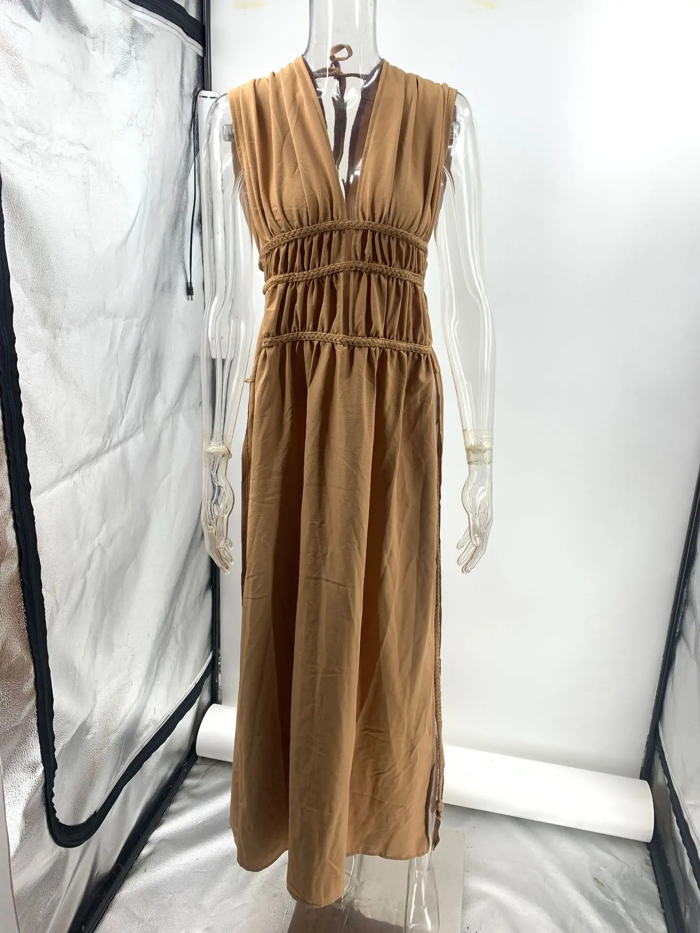 Bohemian linen blend sleeveless braid belt cutout slit dress