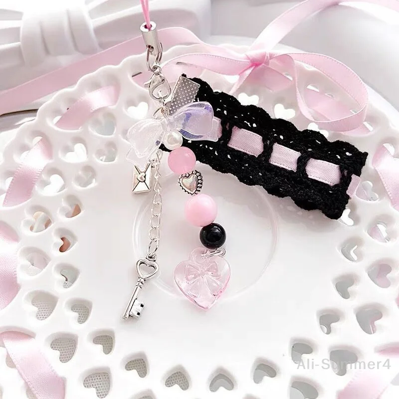 

Dainty Lace Ribbon Keyring Cute Heart Pendant Keychain Colorful Beaded Phone Lanyard Multi-Functional Bags Hanging Accessories