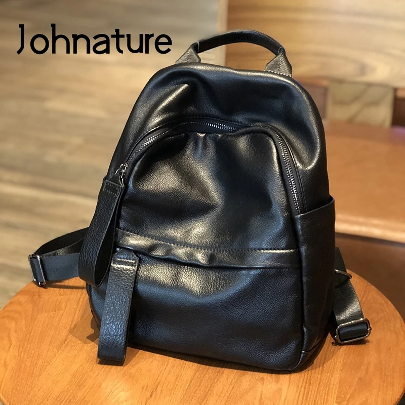 Johnature 2024 nuovo zaino in vera pelle di alta qualità semplice borsa da donna in tinta unita borse da viaggio in pelle bovina morbida di grande