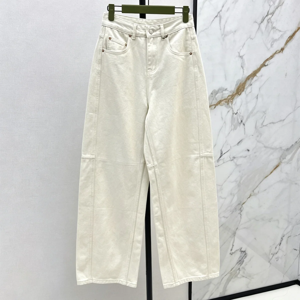High Quality Women High Waist Wide Leg Jeans Off‑White Denim Pants Seam Detail Loose Long Trousers lyt2660524