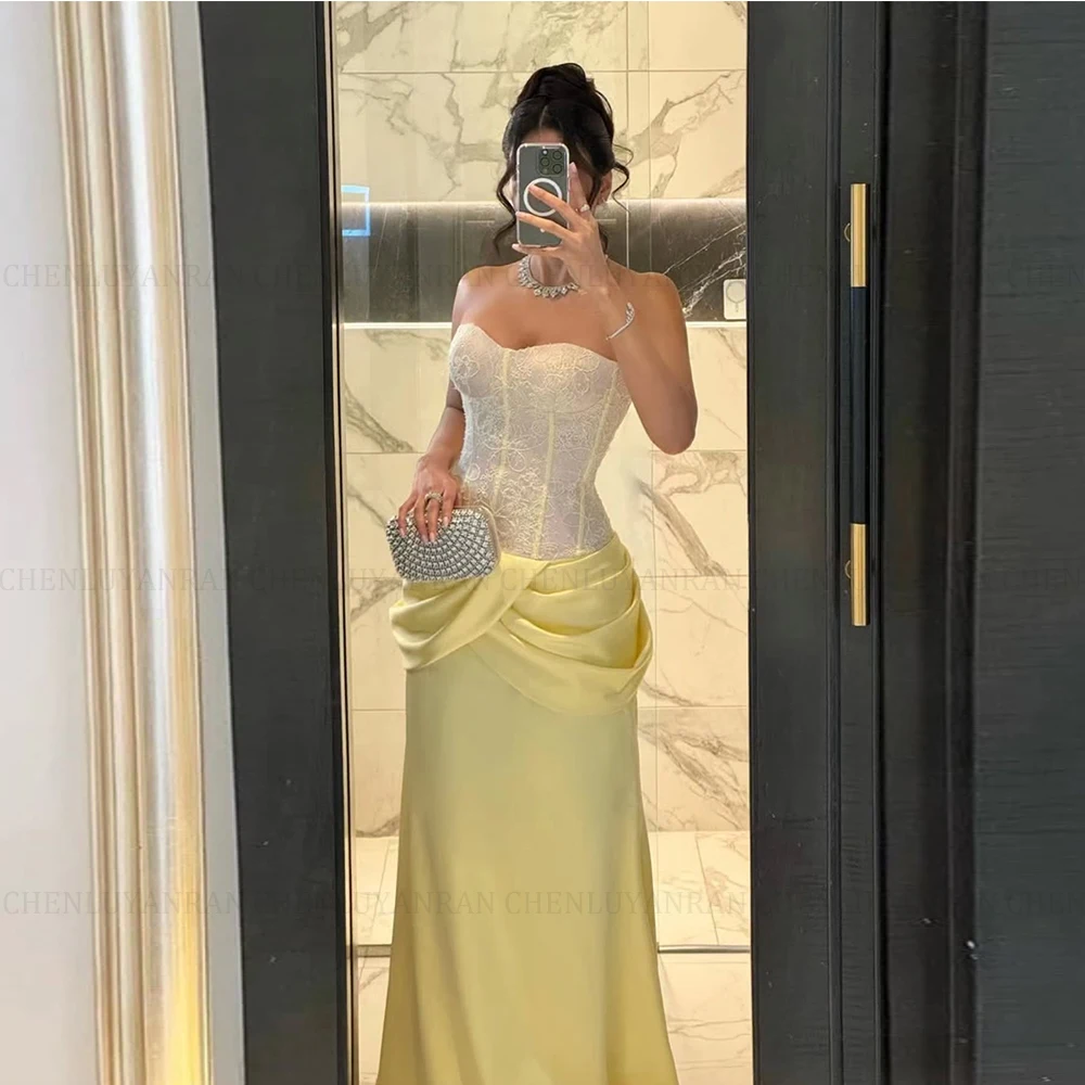 

Customized Mermaid Evening Dresses Floor-length Strapless Sleeveless Prom Gown Fashion Pleat Lace Simple Draped Party Gown