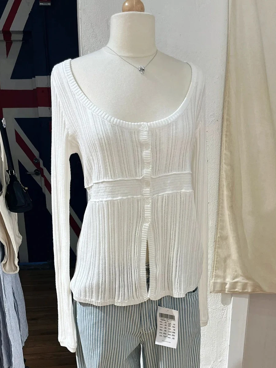 

White Hollow Out Slim Cardigan T-shirt Women O-neck Single Breasted Long Sleeve T-shirts Autumn Sweet Casual Simple Knitted Tops