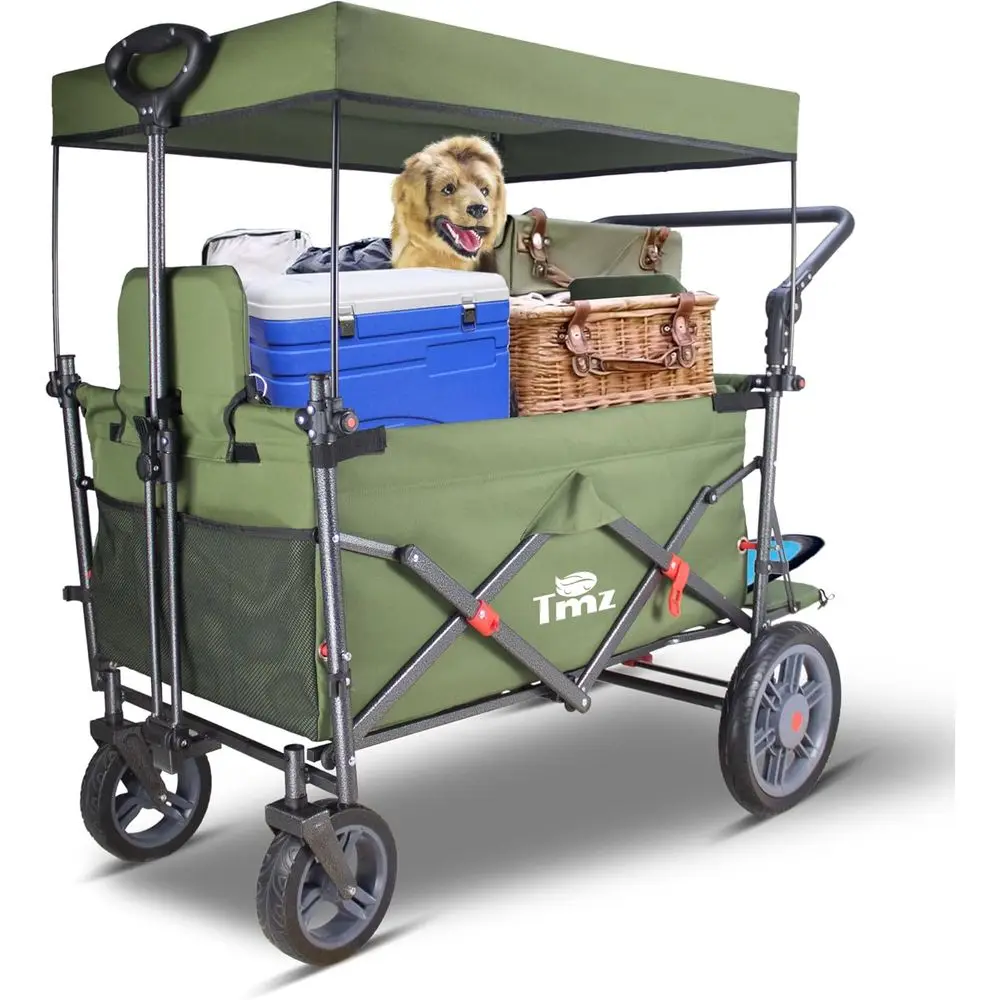 

Folding Utility Wagon with Detachable Wheels and Dual Seats, 265 lbs Capacity for Outdoors and Shopping (Green)