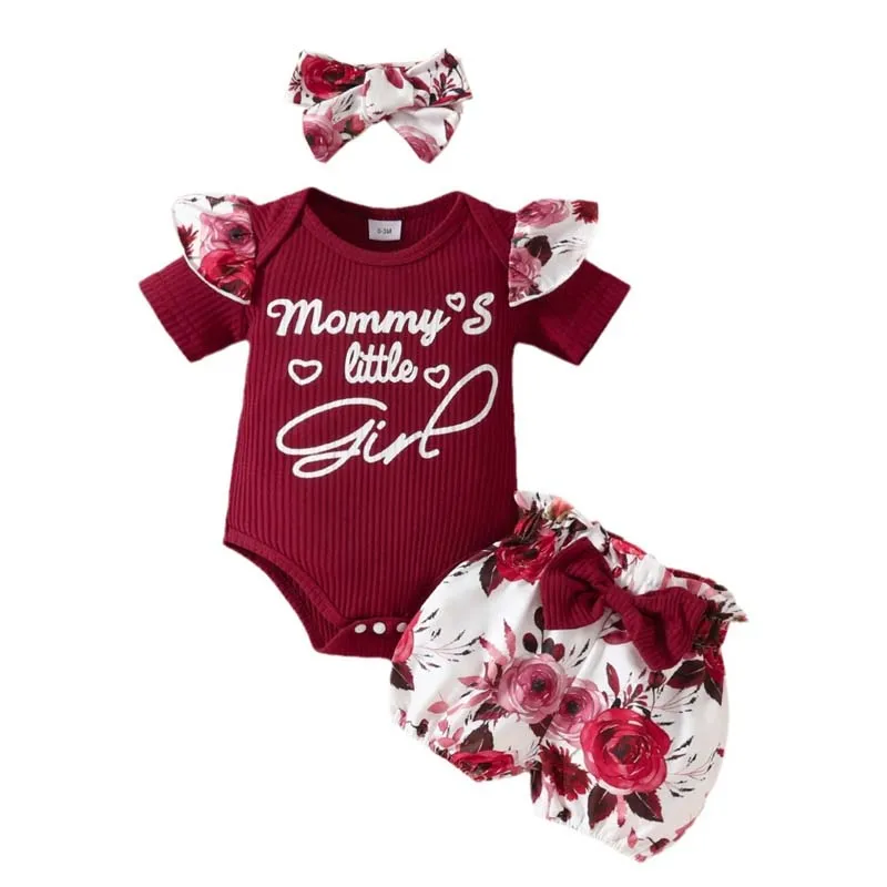 

0-18 Months Newborn Baby Girl Clothes 3Pcs Set Short Sleeve Slat Onesies Printing Shorts Hairband Suits Summer Infant Outfits