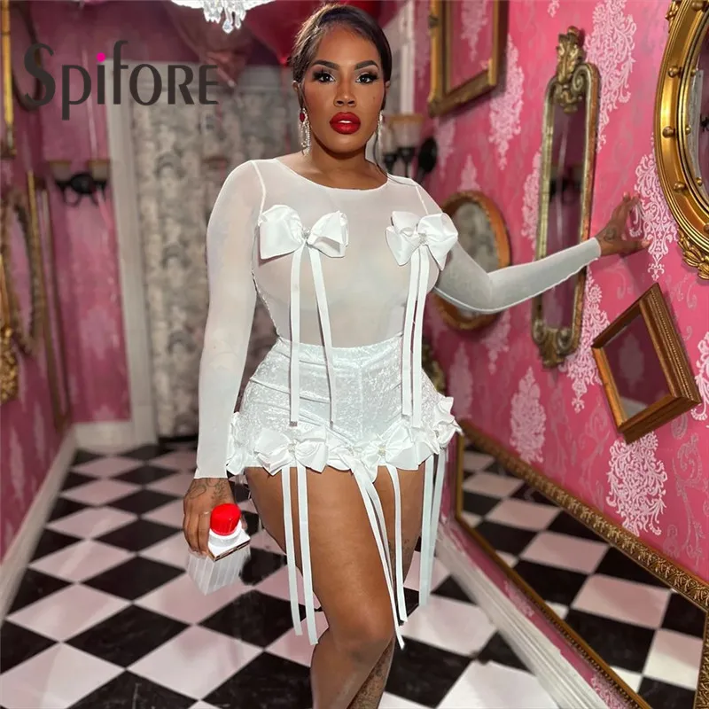 

Spifore Новая мода Женский комплект из двух предметов Рубашки с длинным рукавом и круглым вырезом с бантом и шорты с высокой талией Сексуальные одинаковые костюмы для вечеринок в ночном клубе