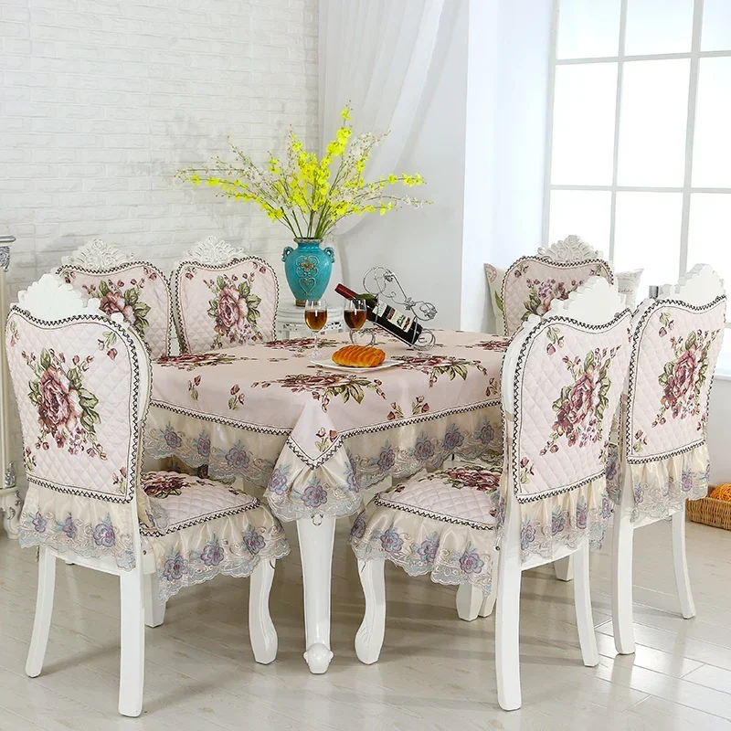 European Linen Dining Tablecloth Chair Cover Cushion Set Classical Jacquard Lace Table Cover Round\Rectangle Furniture Cover