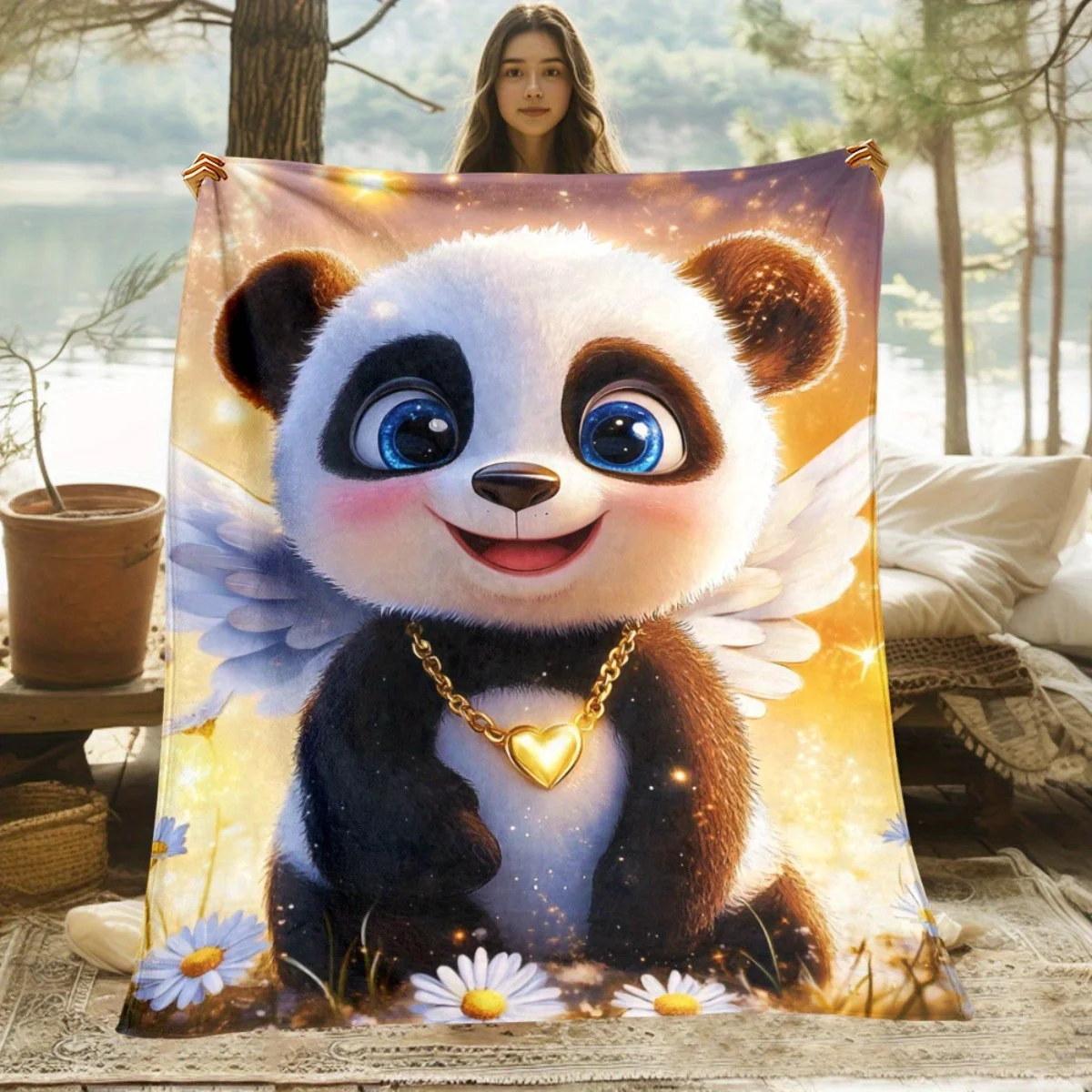 Angel Panda With WingsGolden Heart Flannel Blanket Cute Cartoon Animal FantasyDesign Soft Fleece Throw Blanket for Kids andTeens