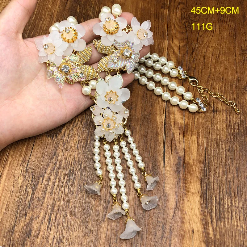 Vintage  hand-woven pearl tassel pendant floral necklace earrings brooch magnificent jewelry set