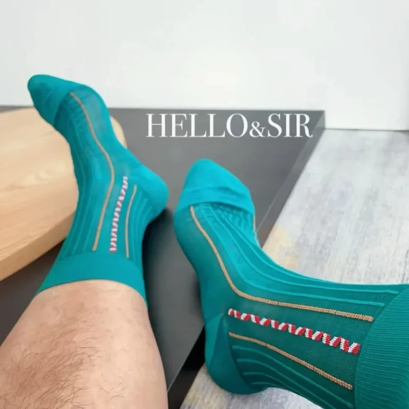 Turquoise Men's Socks Brand New Fashion Vintage Jacquard Dress Tube Socks Man Rare Color Striped Suit Business Socks Formal Wear