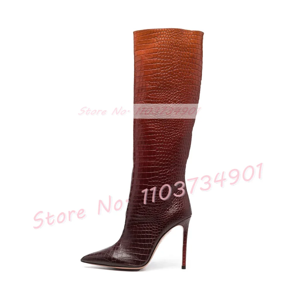 Ombre Crocodile Pointy Knee High Boots Women Trendy Slip On Stiletto High Heels Shoes Slim Sexy Mixed Colors Big Size Chic Boots