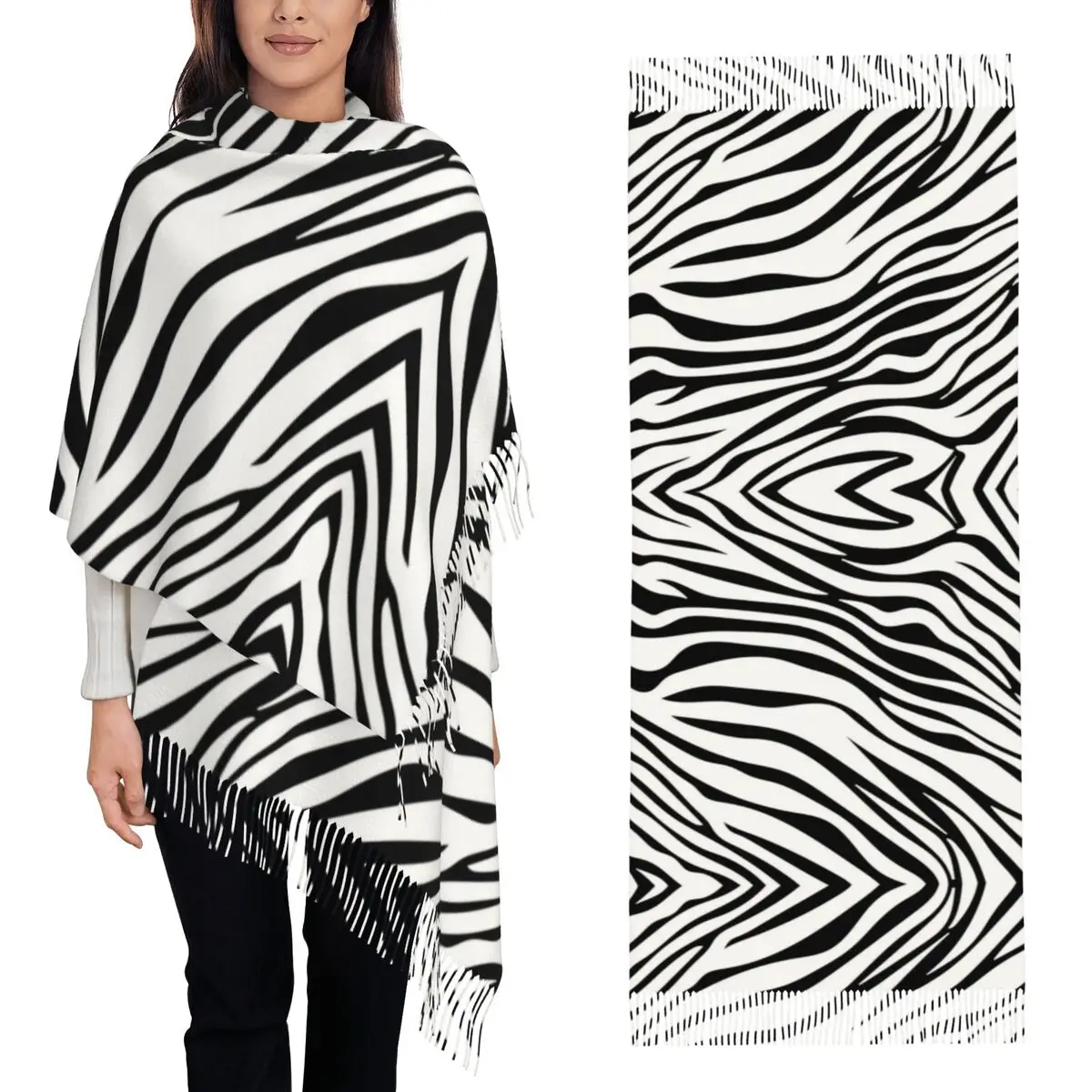 

Zebra Skin Black And White Animal Skin Scarf Tassel Scarves for Women Soft Warm Shawls and Wraps Large Fall Winter Shawl Wrap