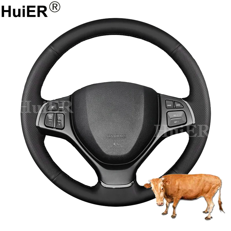 For Suzuki Baleno Alivio 2015-2019 Cow True Leather Hand Sewing Car Steering Wheel Braiding Cover Auto Steering Wheel Wrap