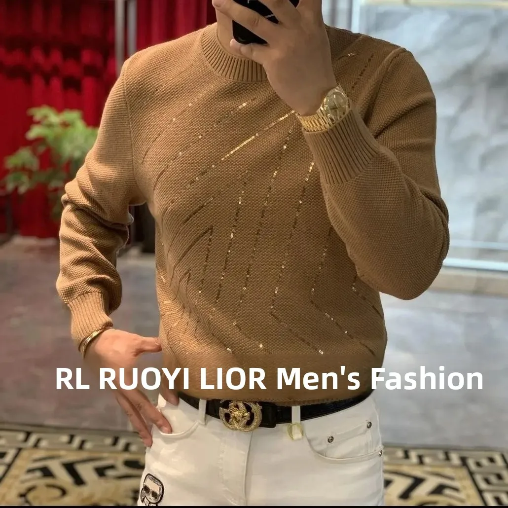 

Faionable Bead Embroidery Knitted Sweater round Ne Pullover Winter Woolen Top for Men Mid-Aged And ly