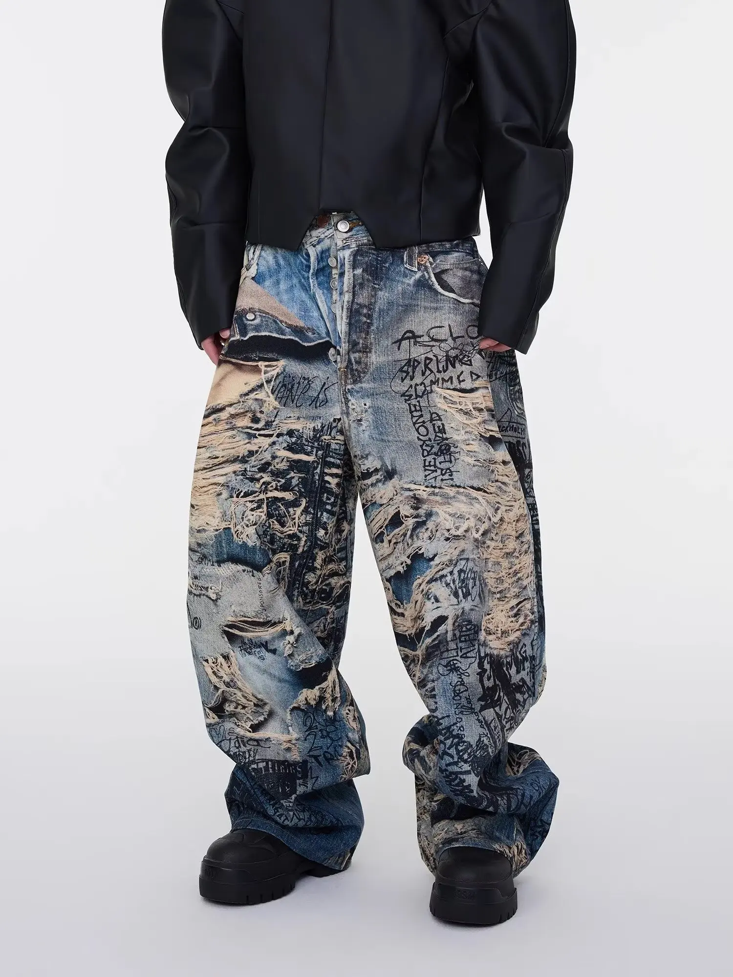 

Women's Pants 3D Printing Printed Hole Design Jeans Men's High Street Letter Design Bottom Hiphop Loose Denim Trousers Tide New